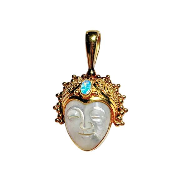 18K Gold SAJEN Goddess PENDANT Mother Of Pearl Carved Face Opal Gemstone Signed - Picture 6 of 7